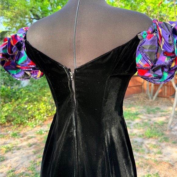 Vintage 80s Velvet Party Mini Dress Ruffled Sequin Sleeve - Picture 6 of 9